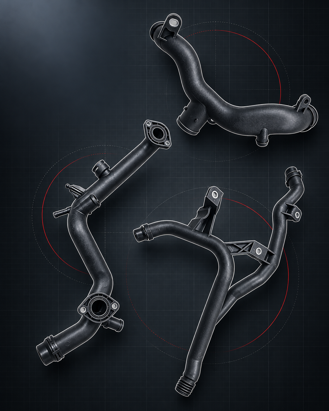 Technical line drawing of automotive pipes, hoses and connectors